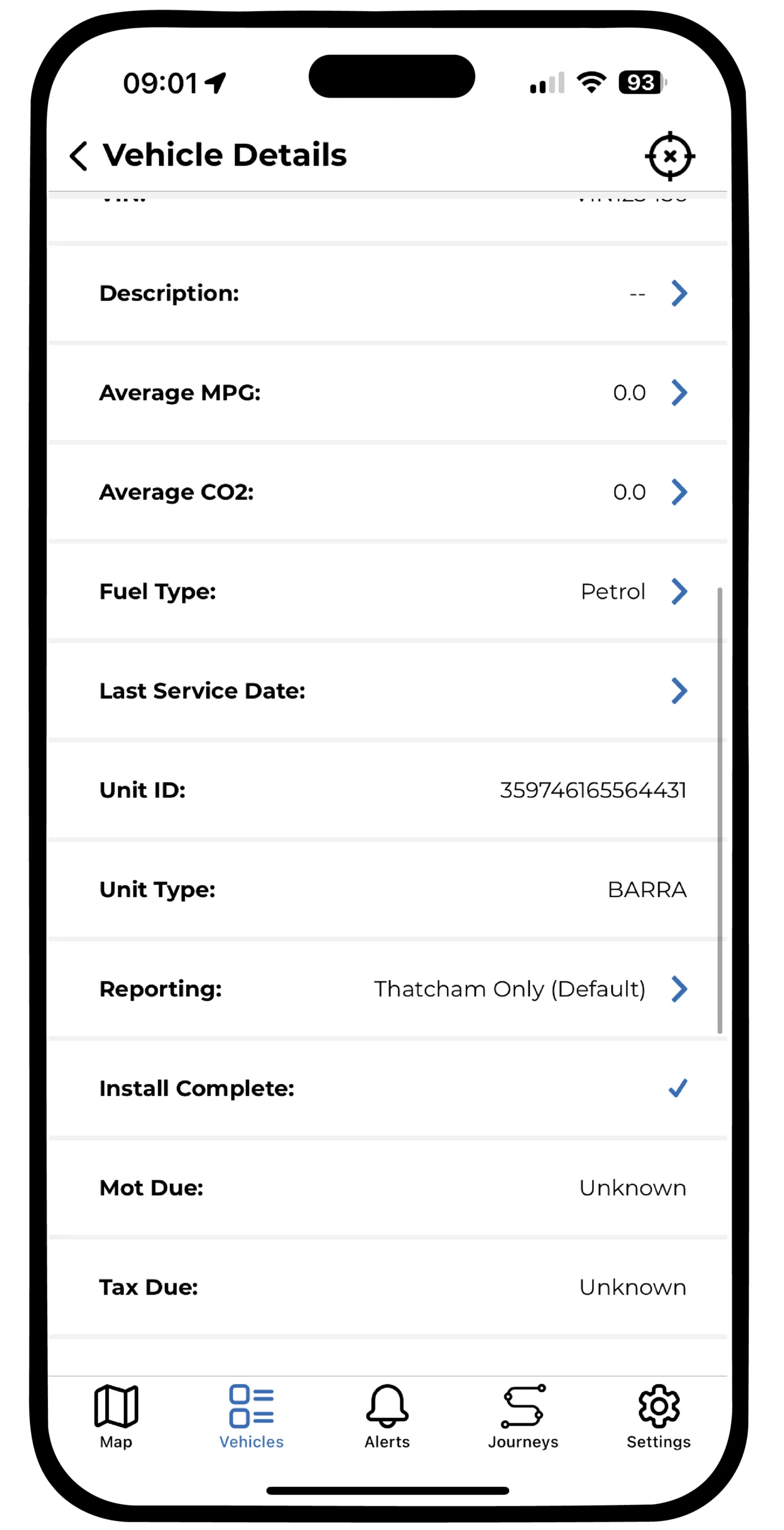 ScorpionTrack App – Vehicle Details Screen Showing Tracker Unit Information