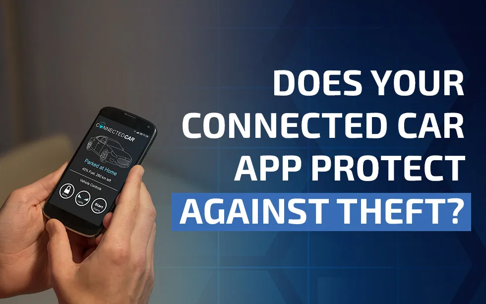 Hand holding a smartphone displaying a connected car app with remote door, light and engine start controls